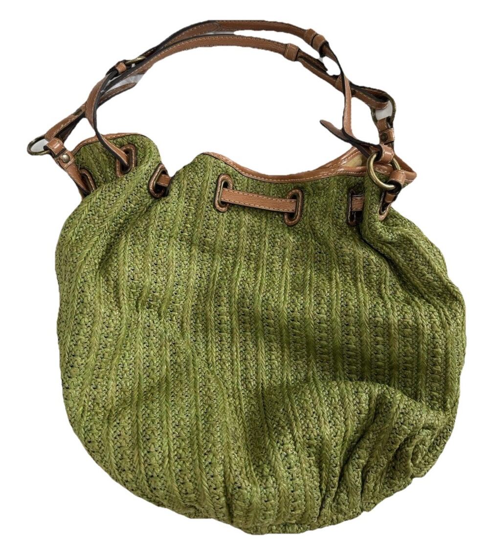 Fossil Green Woven Drawstring Shoulder Bag Large Brown Strap Brass Hardware